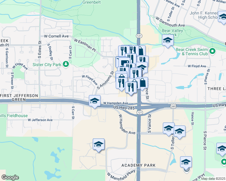 map of restaurants, bars, coffee shops, grocery stores, and more near 8045 West Hampden Avenue in Lakewood