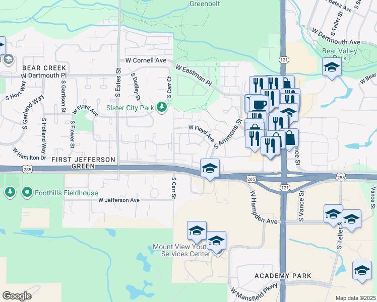 map of restaurants, bars, coffee shops, grocery stores, and more near 3490 South Carr Street in Lakewood