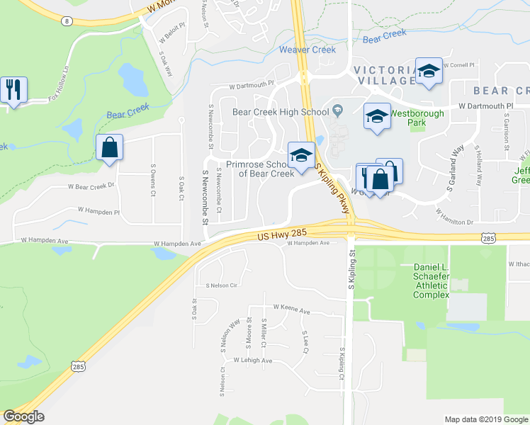 map of restaurants, bars, coffee shops, grocery stores, and more near 10600 West Girard Avenue in Lakewood