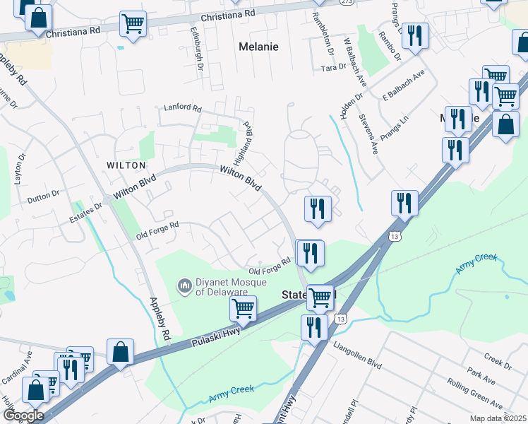 map of restaurants, bars, coffee shops, grocery stores, and more near 6a Pell Street in New Castle