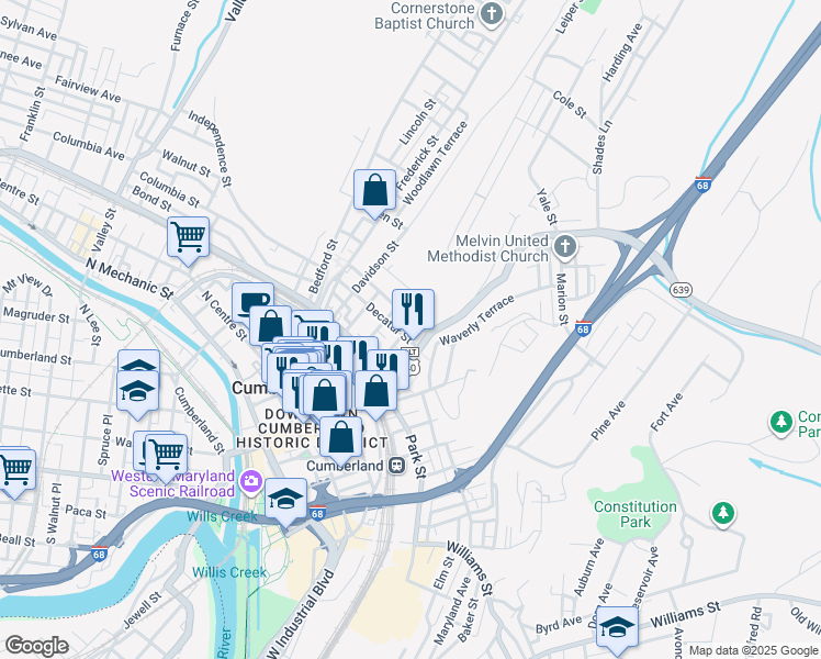 map of restaurants, bars, coffee shops, grocery stores, and more near 10 Decatur Street in Cumberland