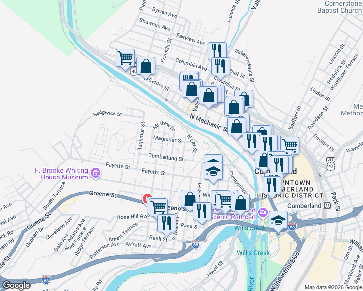 map of restaurants, bars, coffee shops, grocery stores, and more near 327 Cumberland Street in Cumberland