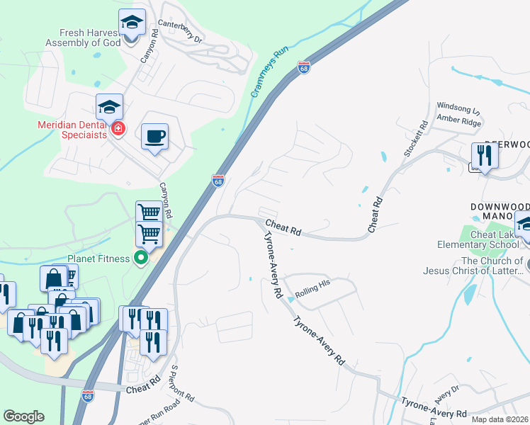 map of restaurants, bars, coffee shops, grocery stores, and more near 15 Tyrone Avery Road in Morgantown