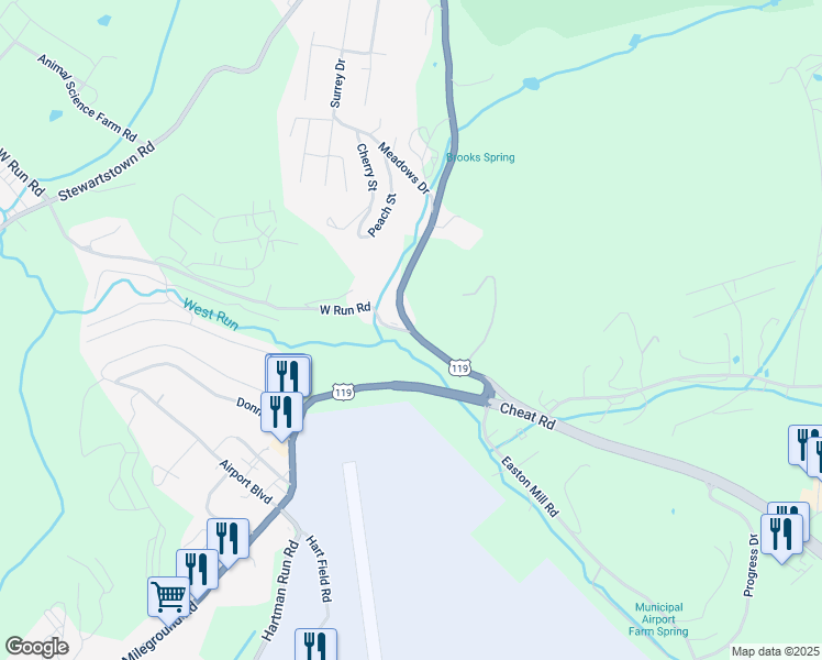 map of restaurants, bars, coffee shops, grocery stores, and more near 54 West Run Road in Morgantown