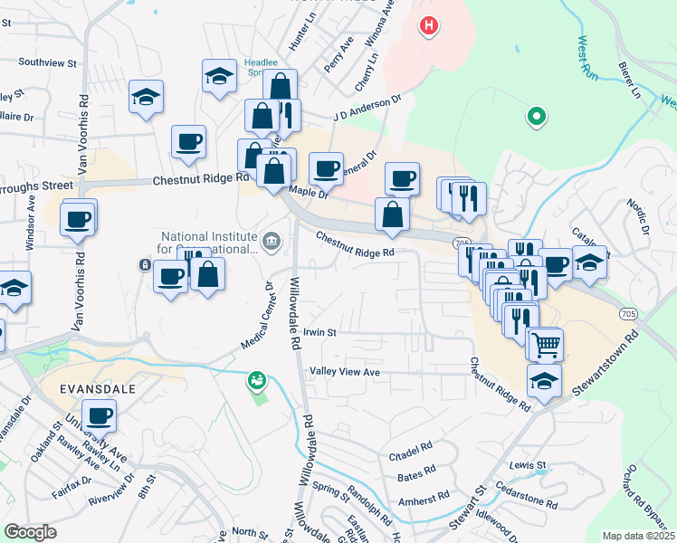 map of restaurants, bars, coffee shops, grocery stores, and more near 1033 Village Drive in Morgantown