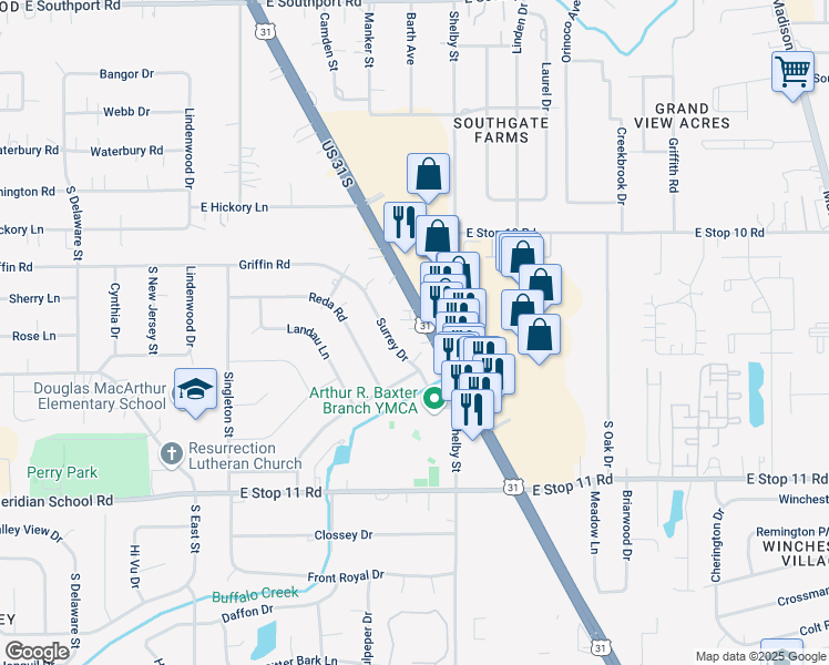 map of restaurants, bars, coffee shops, grocery stores, and more near 7735 Surrey Drive in Indianapolis