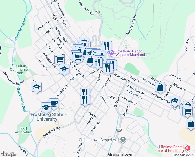 map of restaurants, bars, coffee shops, grocery stores, and more near 99 Center Street in Frostburg
