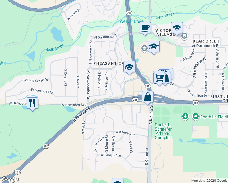 map of restaurants, bars, coffee shops, grocery stores, and more near 10600 West Girard Avenue in Lakewood