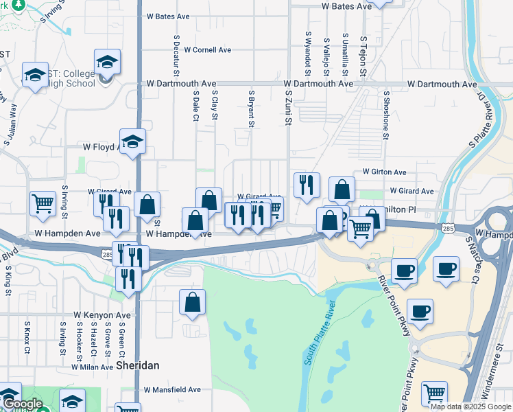 map of restaurants, bars, coffee shops, grocery stores, and more near 3484 South Bryant Street in Englewood