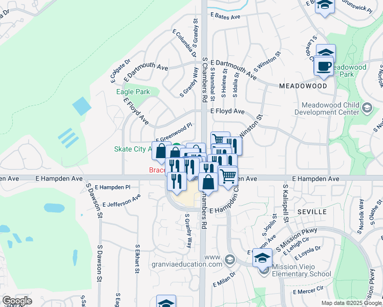 map of restaurants, bars, coffee shops, grocery stores, and more near 3451 South Chambers Road in Aurora