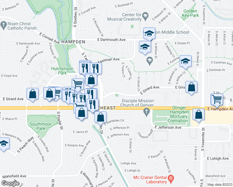 map of restaurants, bars, coffee shops, grocery stores, and more near 8030 East Girard Avenue in Denver
