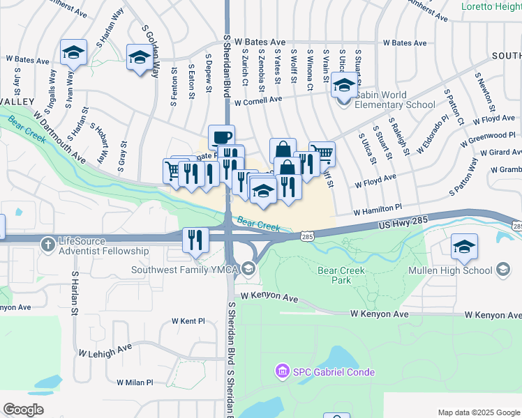 map of restaurants, bars, coffee shops, grocery stores, and more near 3100 South Sheridan Boulevard in Denver