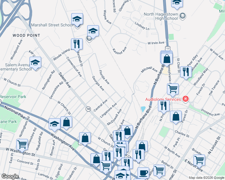 map of restaurants, bars, coffee shops, grocery stores, and more near 809 Florida Avenue in Hagerstown