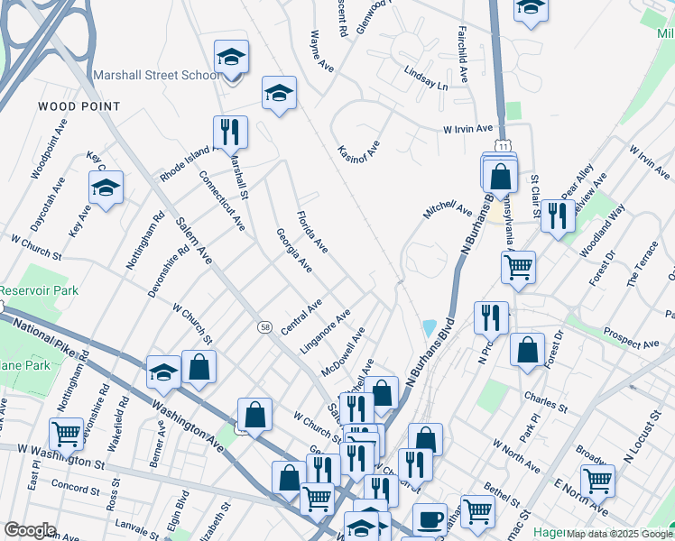 map of restaurants, bars, coffee shops, grocery stores, and more near 809 Florida Avenue in Hagerstown