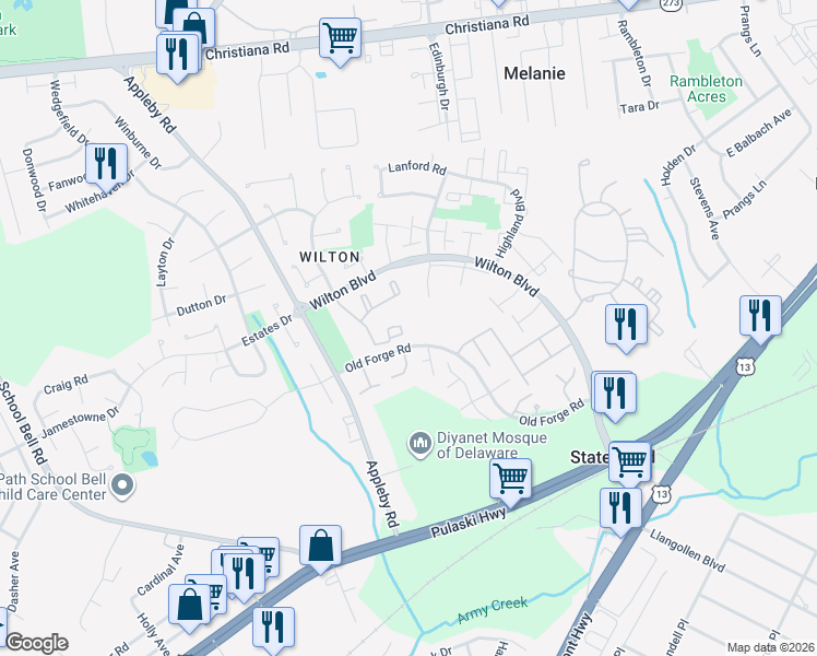 map of restaurants, bars, coffee shops, grocery stores, and more near in New Castle