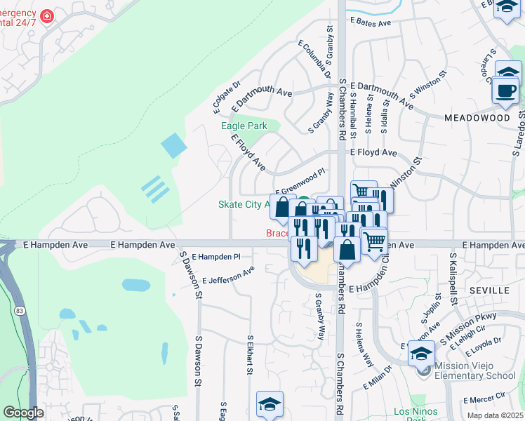 map of restaurants, bars, coffee shops, grocery stores, and more near 3464 South Eagle Street in Aurora