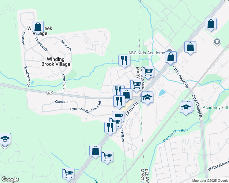 map of restaurants, bars, coffee shops, grocery stores, and more near 46 Azalea Circle in Elkton