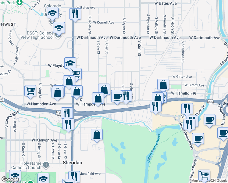 map of restaurants, bars, coffee shops, grocery stores, and more near 3425 South Canosa Court in Englewood