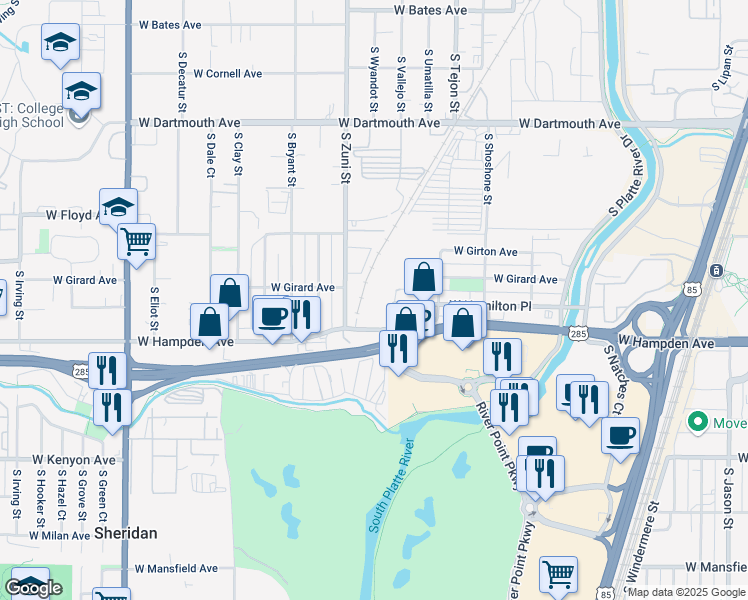 map of restaurants, bars, coffee shops, grocery stores, and more near 2333 West Hampden Avenue in Sheridan