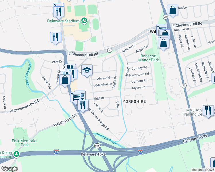 map of restaurants, bars, coffee shops, grocery stores, and more near 49 Anglin Drive in Newark