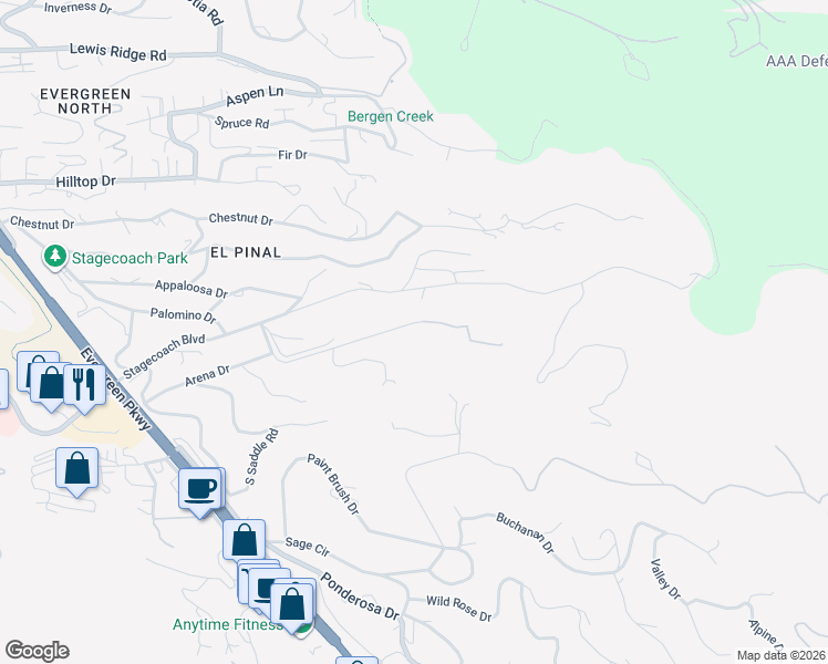 map of restaurants, bars, coffee shops, grocery stores, and more near 29566 Bronco Road in Evergreen