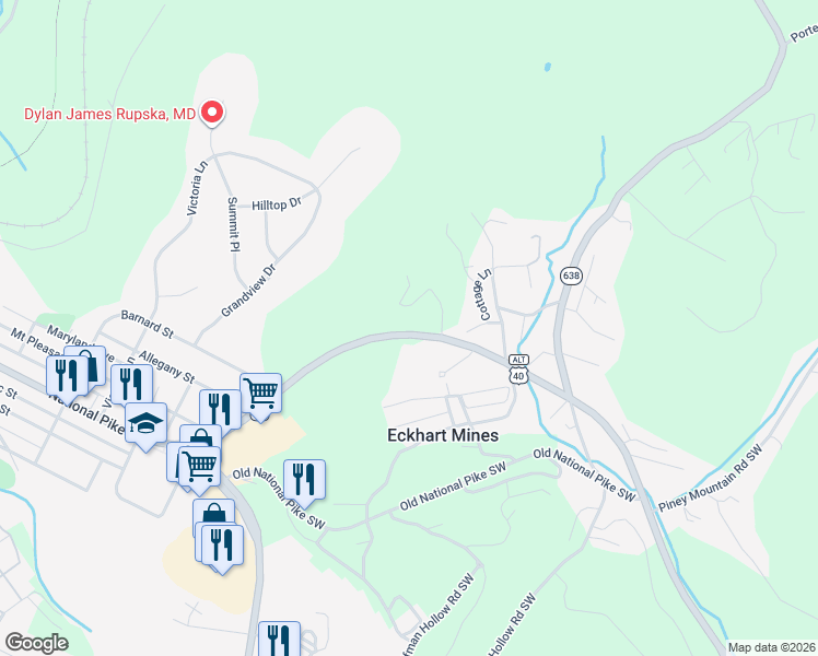 map of restaurants, bars, coffee shops, grocery stores, and more near 17100 National Highway in Frostburg