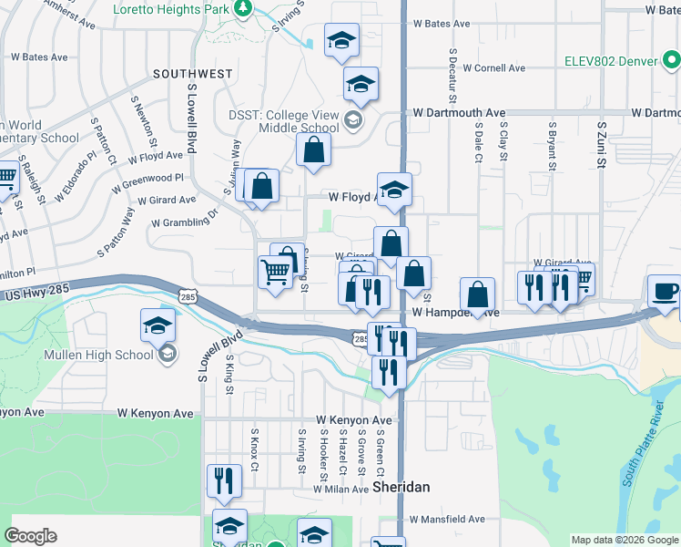 map of restaurants, bars, coffee shops, grocery stores, and more near 3245 West Hampden Avenue in Sheridan