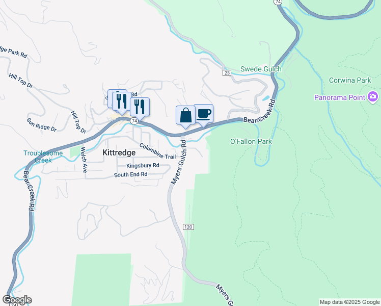map of restaurants, bars, coffee shops, grocery stores, and more near 3424 Myers Gulch Road in Evergreen