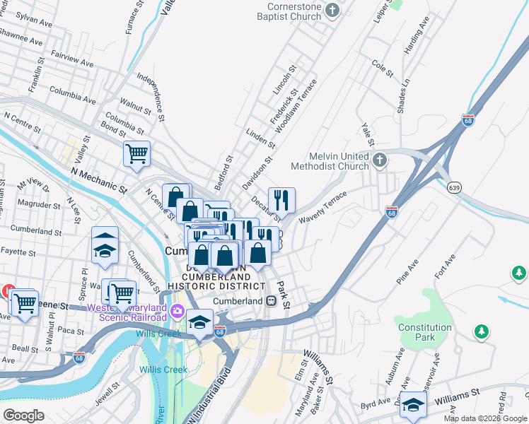 map of restaurants, bars, coffee shops, grocery stores, and more near 55 Henderson Avenue in Cumberland