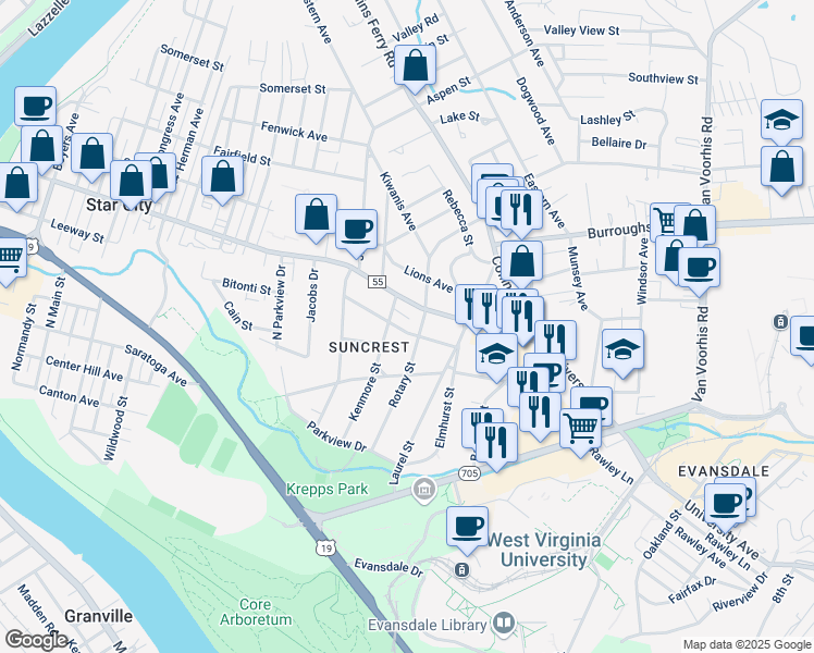 map of restaurants, bars, coffee shops, grocery stores, and more near 372 Kenmore St in Morgantown