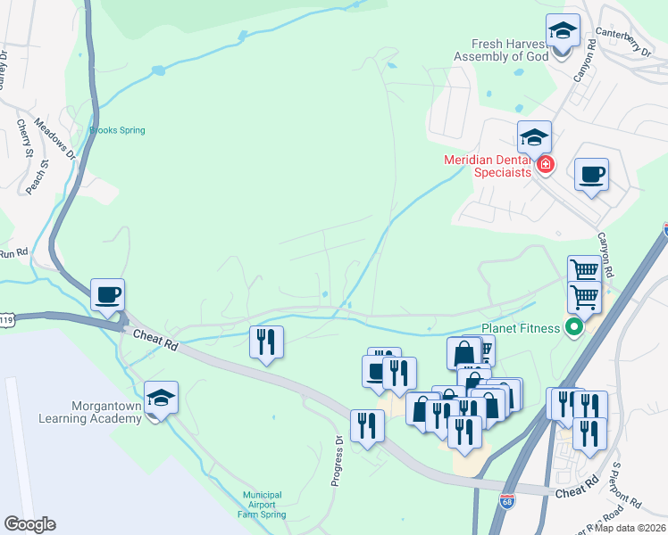 map of restaurants, bars, coffee shops, grocery stores, and more near 1 Harley Drive in Morgantown