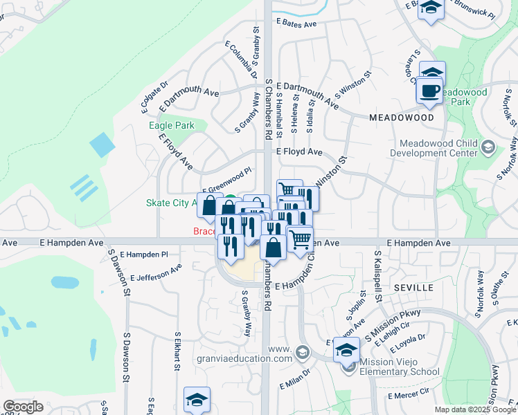 map of restaurants, bars, coffee shops, grocery stores, and more near 3451 South Chambers Road in Aurora