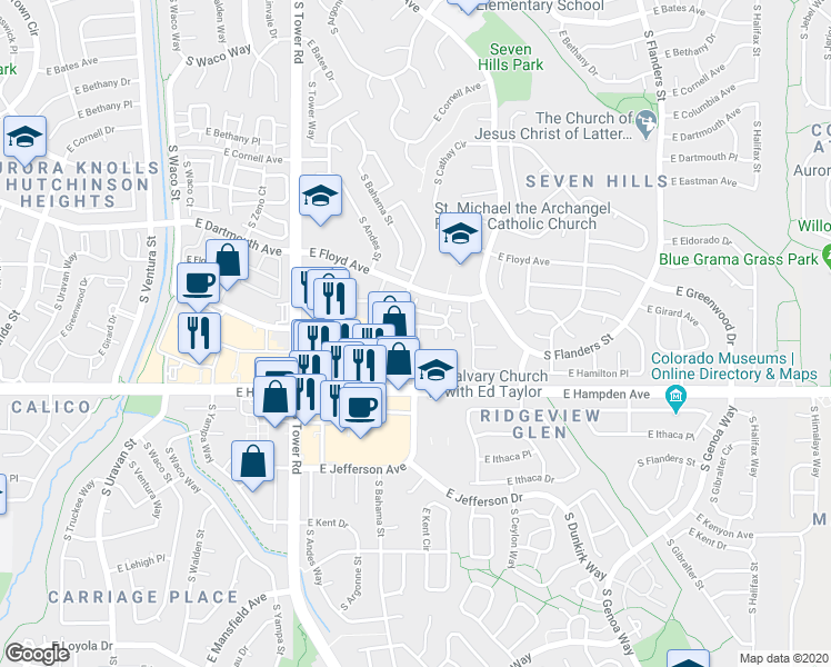 map of restaurants, bars, coffee shops, grocery stores, and more near 18901 East Hampden Avenue in Aurora