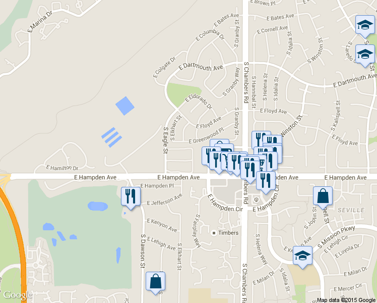 map of restaurants, bars, coffee shops, grocery stores, and more near 3464 South Eagle Street in Aurora