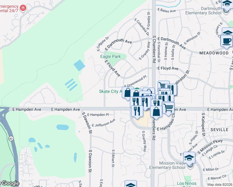 map of restaurants, bars, coffee shops, grocery stores, and more near 3464 South Eagle Street in Aurora
