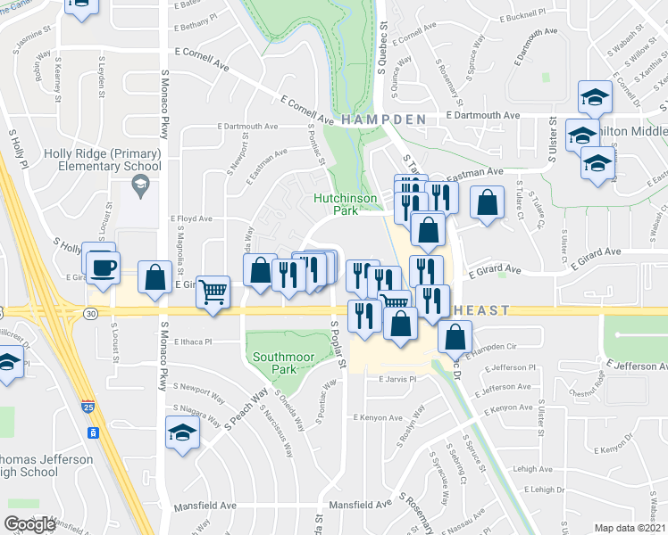 map of restaurants, bars, coffee shops, grocery stores, and more near 3480 South Poplar Street in Denver