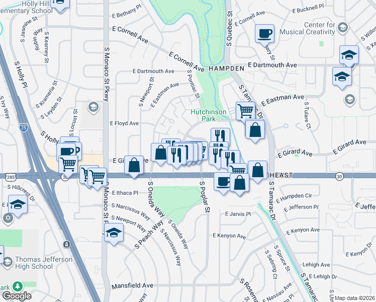 map of restaurants, bars, coffee shops, grocery stores, and more near 7101 East Hampden Avenue in Denver