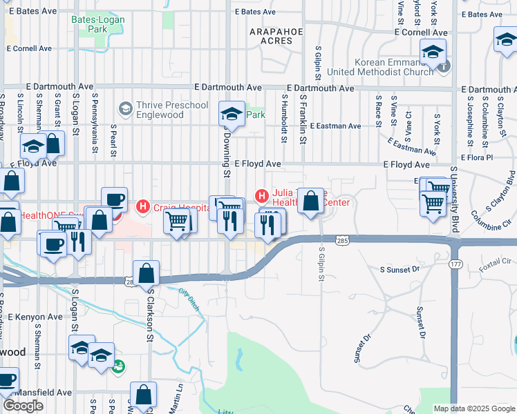map of restaurants, bars, coffee shops, grocery stores, and more near 3451 South Lafayette Street in Englewood