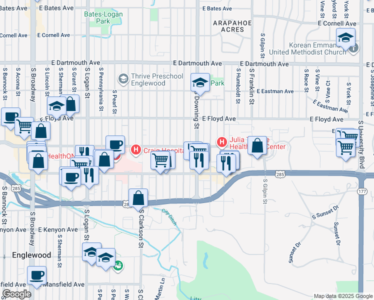 map of restaurants, bars, coffee shops, grocery stores, and more near 3450 South Corona Street in Englewood