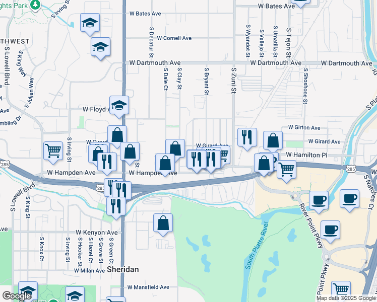 map of restaurants, bars, coffee shops, grocery stores, and more near 3485 South Canosa Court in Englewood