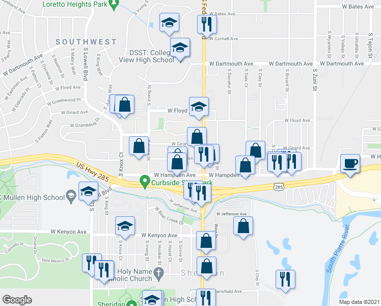 map of restaurants, bars, coffee shops, grocery stores, and more near 3121 West Hampden Avenue in Englewood