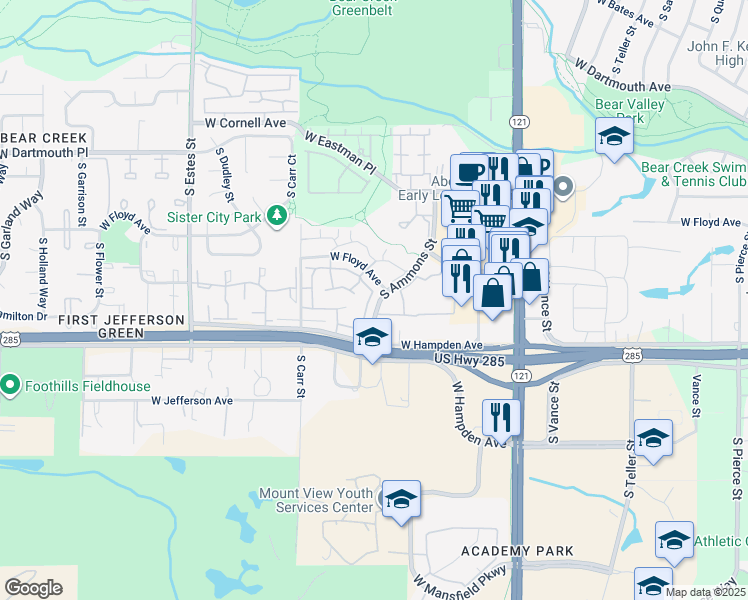 map of restaurants, bars, coffee shops, grocery stores, and more near 3312 South Ammons Street in Lakewood