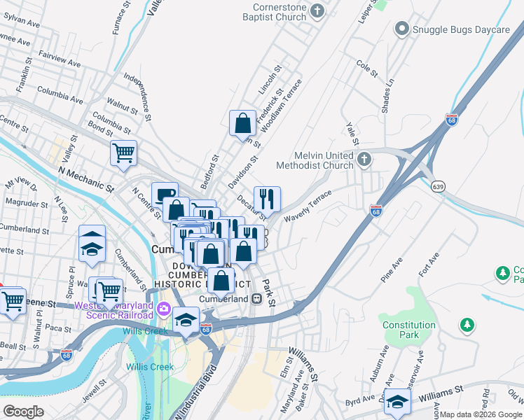 map of restaurants, bars, coffee shops, grocery stores, and more near 10 Decatur Street in Cumberland
