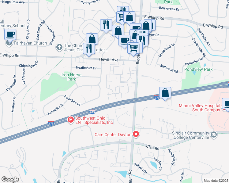 map of restaurants, bars, coffee shops, grocery stores, and more near 1326 Huntsman Lane in Dayton