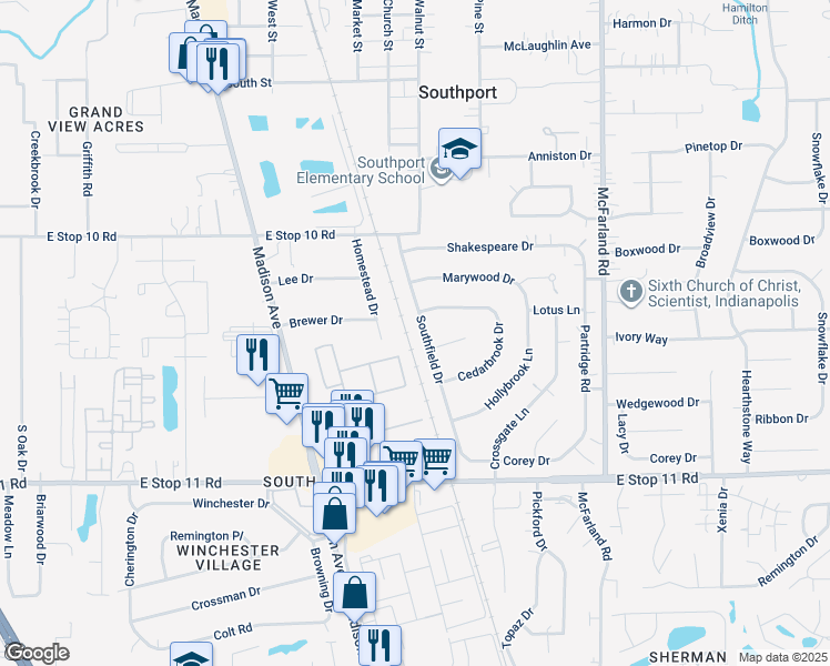 map of restaurants, bars, coffee shops, grocery stores, and more near 7728 Southfield Drive in Southport