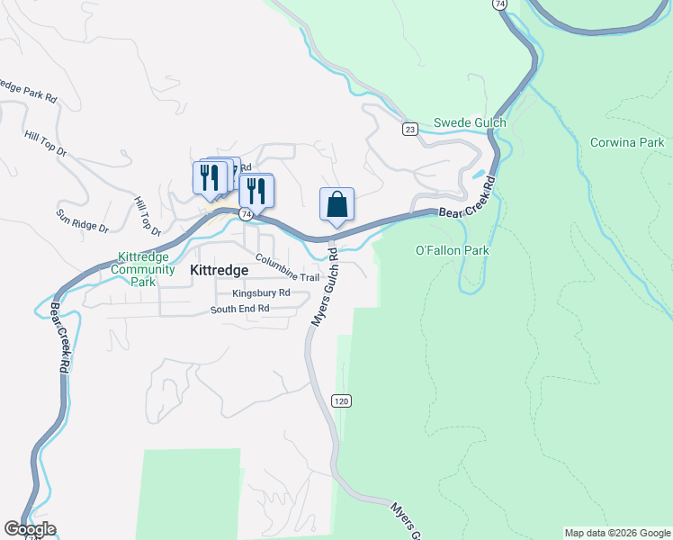 map of restaurants, bars, coffee shops, grocery stores, and more near 3424 Myers Gulch Road in Evergreen