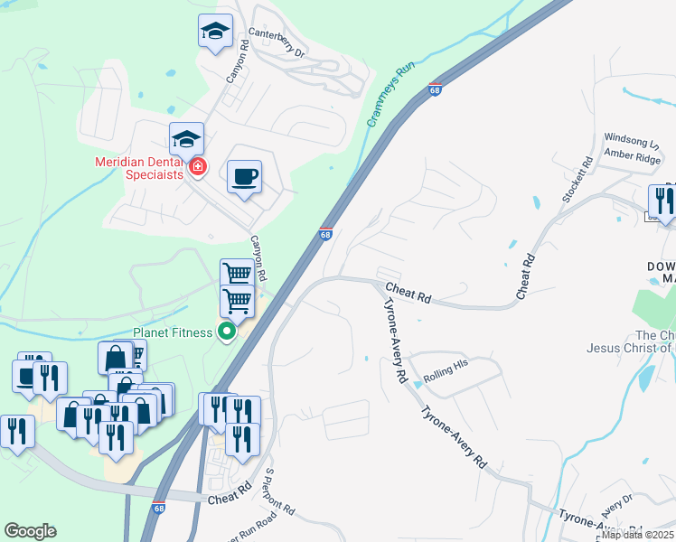 map of restaurants, bars, coffee shops, grocery stores, and more near 199 Legacy Drive in Morgantown