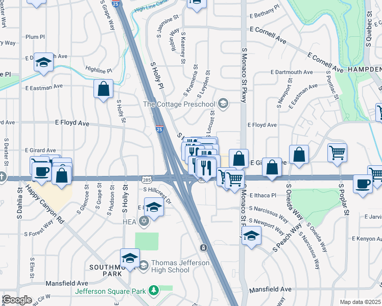 map of restaurants, bars, coffee shops, grocery stores, and more near 6343 East Girard Place in Denver