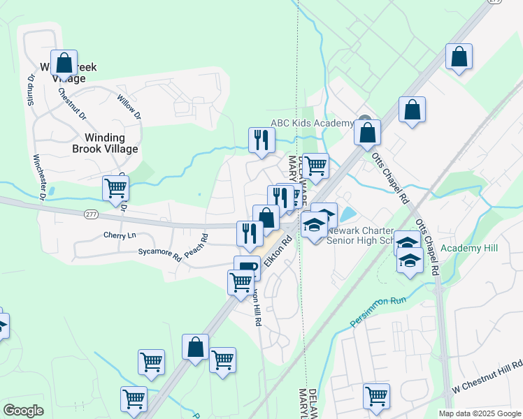 map of restaurants, bars, coffee shops, grocery stores, and more near 21 Caribou Court in Elkton