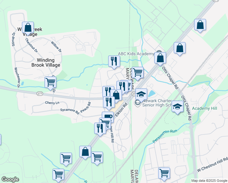 map of restaurants, bars, coffee shops, grocery stores, and more near 21 Caribou Court in Elkton